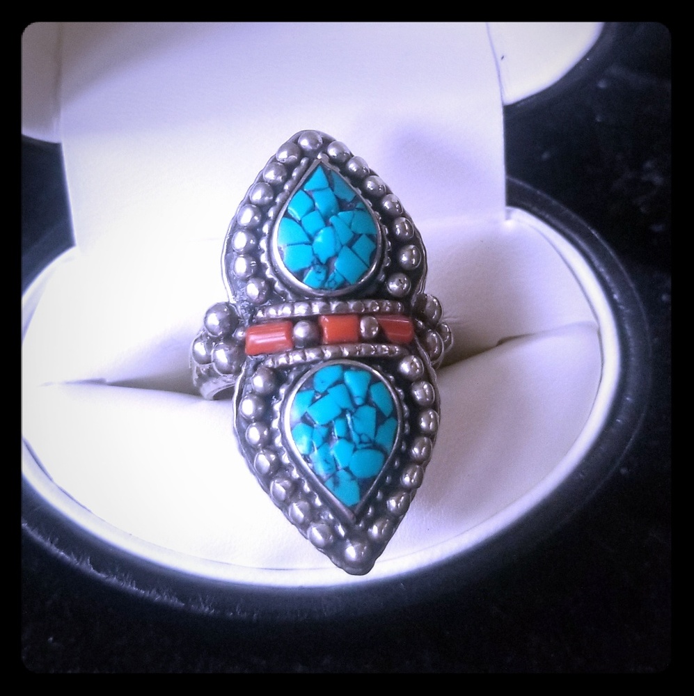 Native Turquoise and Coral Double Teardrop Ring